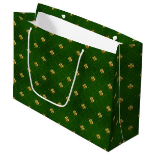 Golden Green Clover Pattern Large Gift Bag