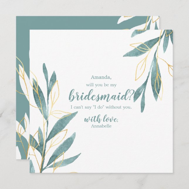 Golden Green Floral Will You be my Bridesmaid Invitation (Front/Back)