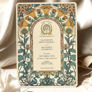 Golden & Green Florals Art Nouveau Wedding Invitation