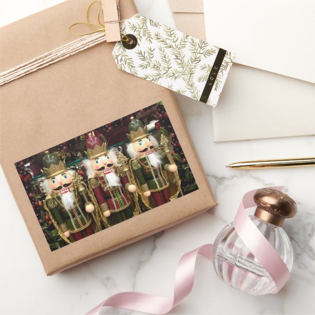 Golden Green Nutcracker Soldiers Christmas Rectangular Sticker (Gifting)