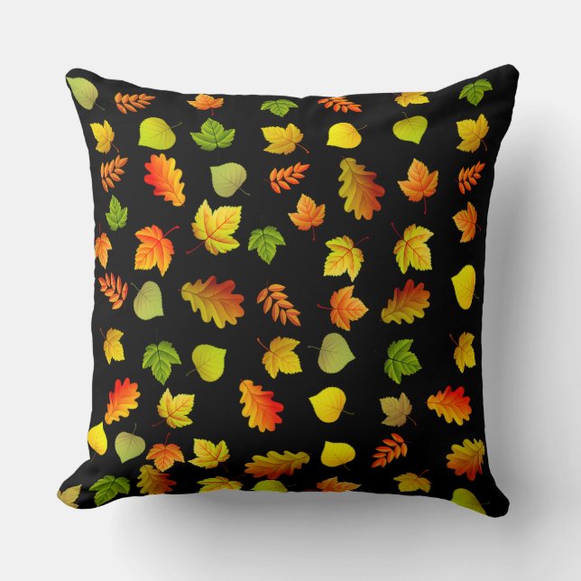 Golden, Green, Orange Autumn Leaves on Black Cushion (Front)