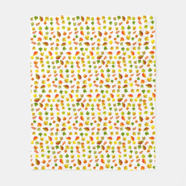 Golden, Green, Orange Autumn Leaves on White Fleece Blanket (Front)