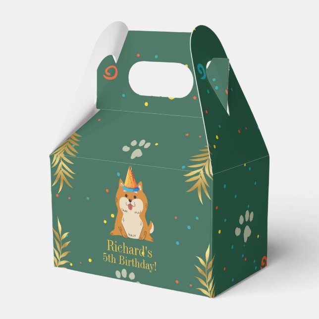 Golden Green Puppy Dog Kid's Birthday Favour Box (Front Side)
