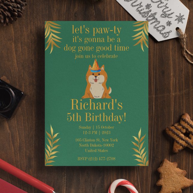 Golden Green Puppy Dog Kid's Birthday Invitation (Creator Uploaded)