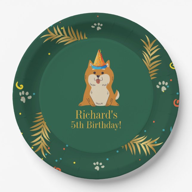 Golden Green Puppy Dog Kid's Birthday Paper Plate (Front)