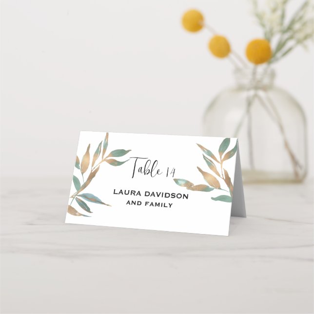 Golden green simple minimalist leaf with foil  place card (Front)