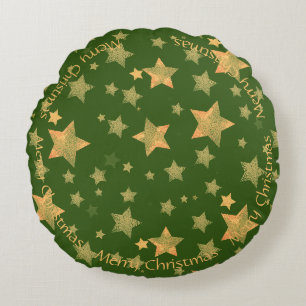 Golden Green Star Elegant Vintage Chic Forest Round Cushion