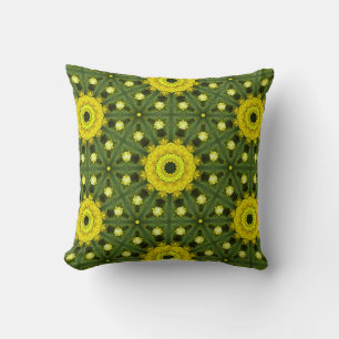 Golden Green Sunburst Kaleidoscope Floral Pattern Cushion