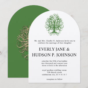 Golden Green Swirl Tree Roots of Love Wedding Inv Invitation