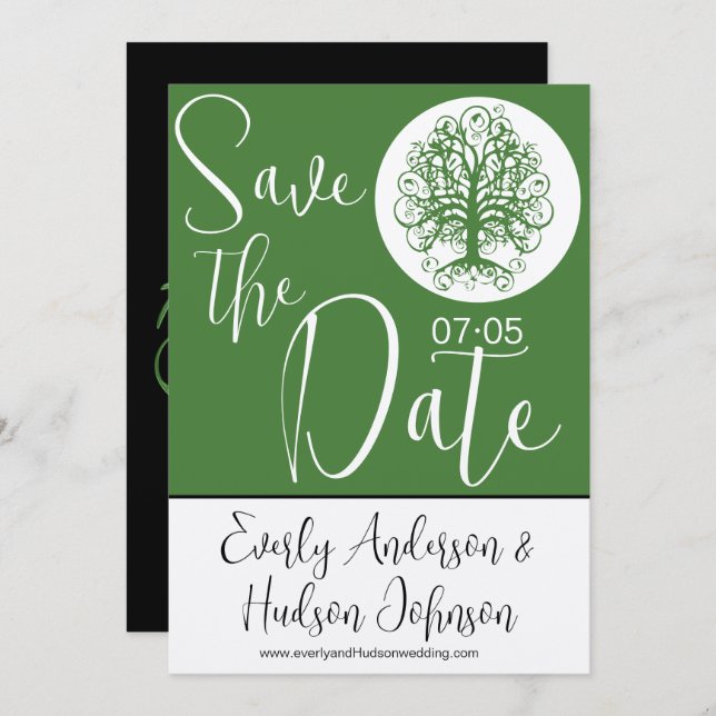 Golden Green Swirl Tree Roots of Love Wedding Invitation (Front/Back)