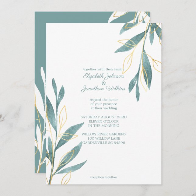 Golden Green Watercolor Floral Wedding Invitation (Front/Back)