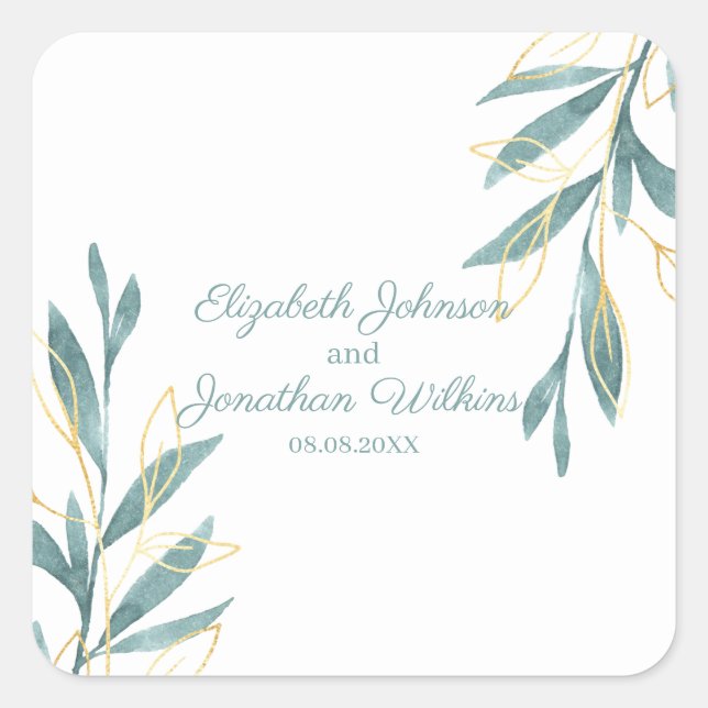 Golden Green Watercolor Floral Wedding Square Sticker