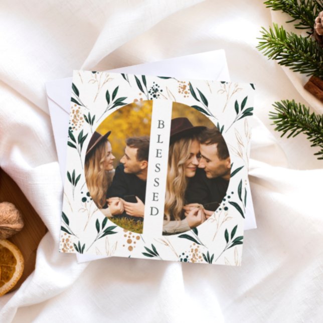 Golden Greenery Blessed Two Photo Holiday Card (Creator Uploaded)