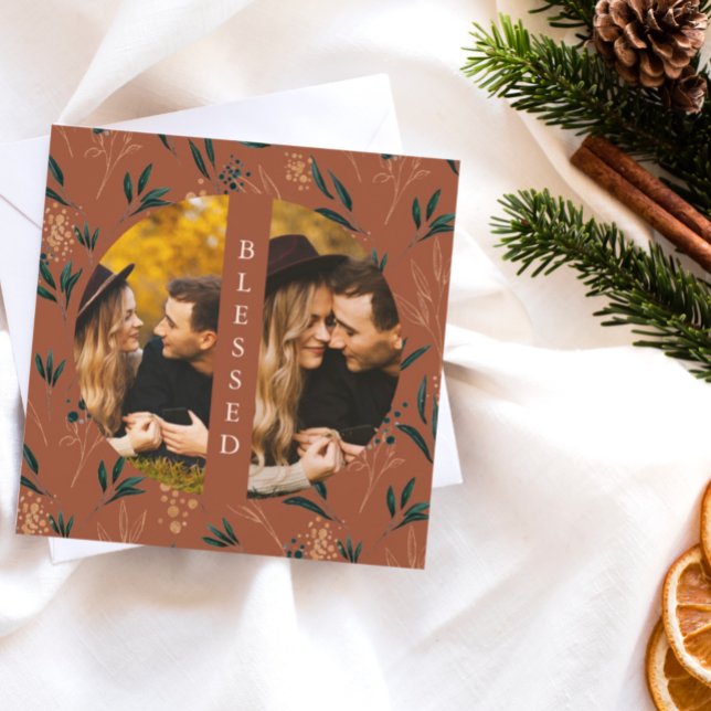 Golden Greenery Blessed Two Photo Terracotta Holiday Card (Creator Uploaded)
