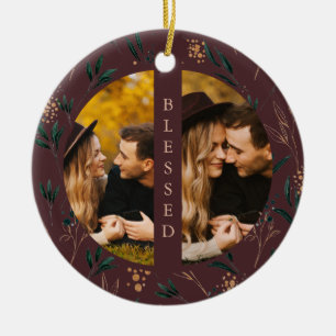 Golden Greenery Blessed Typography Photo Eggplant Ceramic Ornament