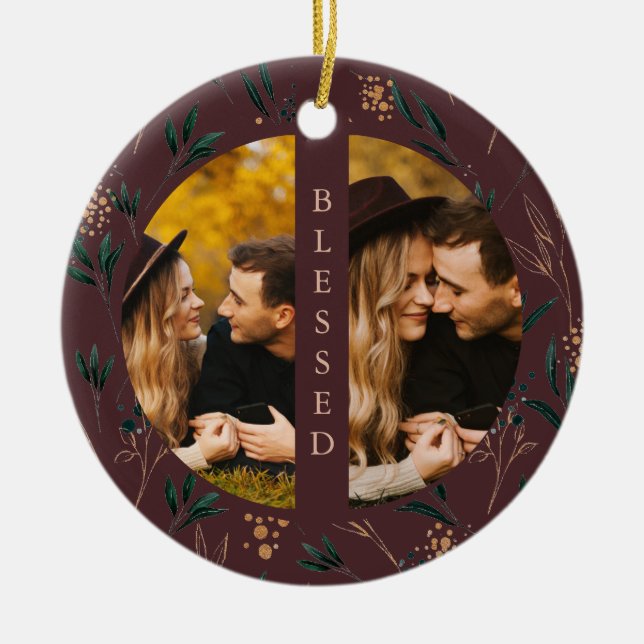 Golden Greenery Blessed Typography Photo Eggplant Ceramic Ornament (Front)