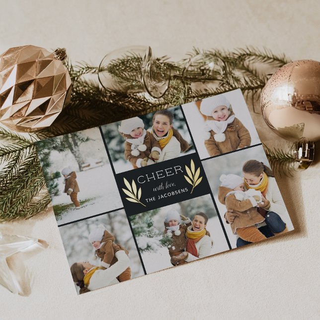 Golden Greenery | Photo Collage Foil Holiday Card (Creator Uploaded)