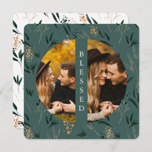 Golden Greenery Teal Blessed Two Photo Holiday Card
