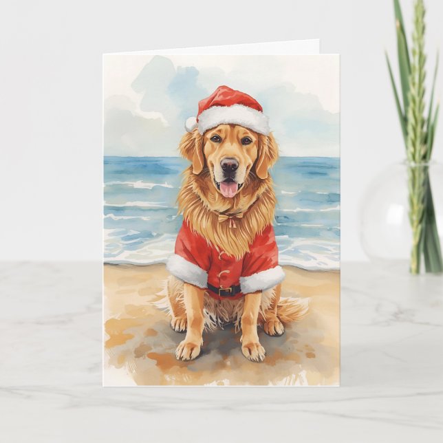 Golden Greetings from Santa Paws – Beach Christmas Card (Front)