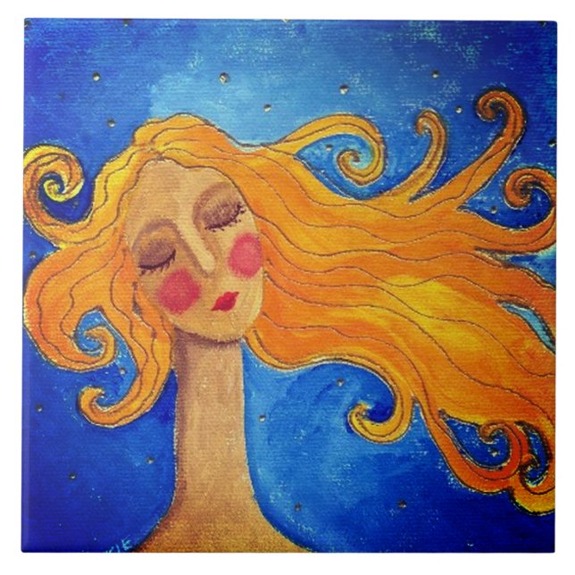 Golden Hair Abstract Portrait of a Woman Ceramic Tile (Front)