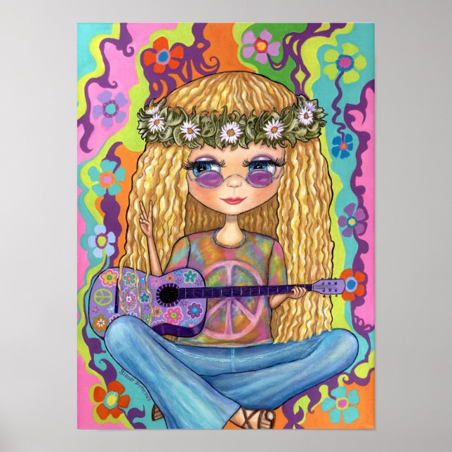 Golden Hair Hippie Chick Purple Guitar Peace Sign  (Front)