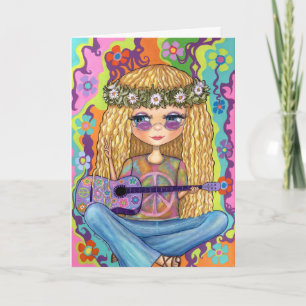 Golden Hair Hippie Chick Purple Guitar Peace Sign Card