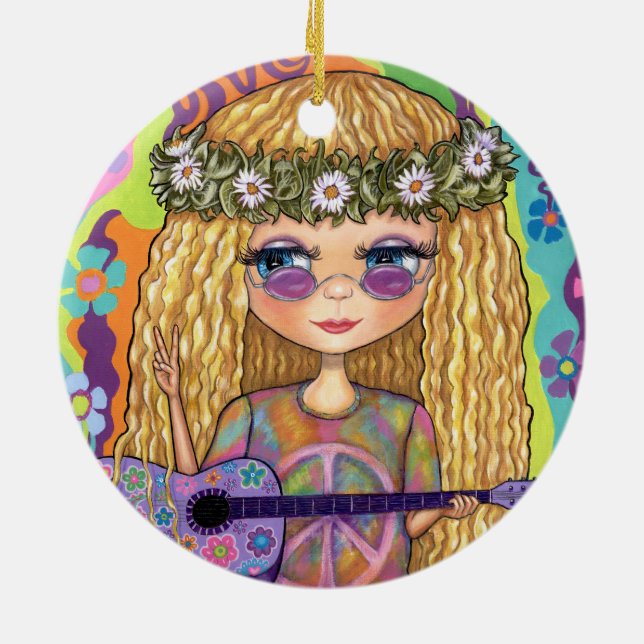 Golden Hair Hippie Chick Purple Guitar Peace Sign Ceramic Ornament (Back)