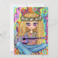 Golden Hair Hippie Chick Purple Guitar Peace Sign