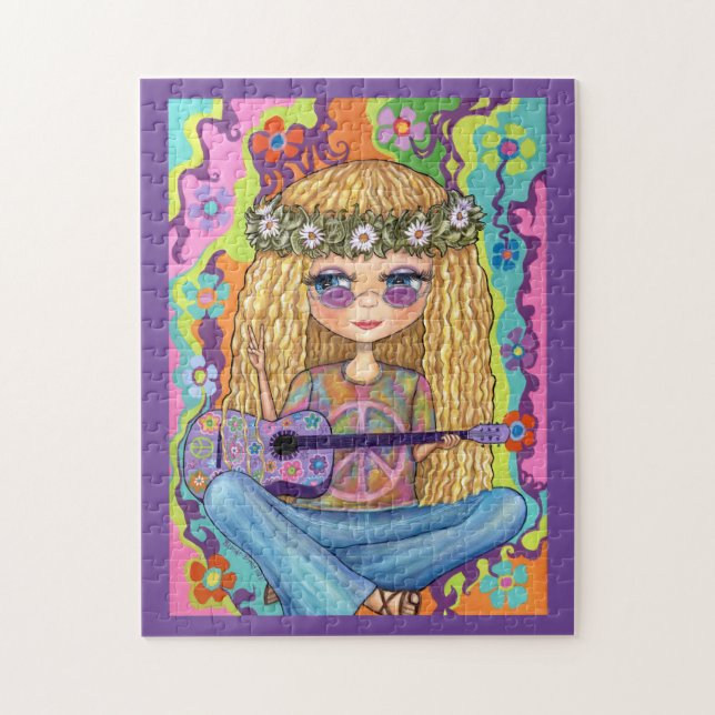 Golden Hair Hippie Chick Purple Guitar Peace Sign  Jigsaw Puzzle (Vertical)