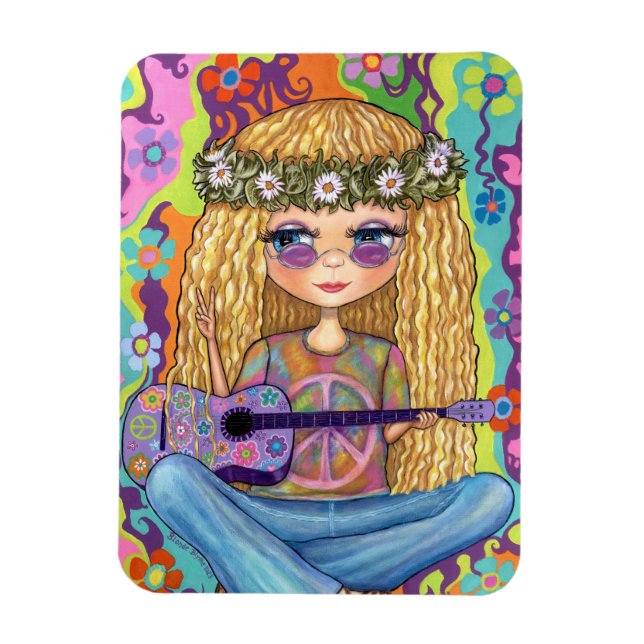 Golden Hair Hippie Chick Purple Guitar Peace Sign Magnet (Vertical)