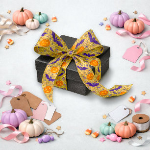 Golden Halloween Pumpkin Bat Pattern Satin Ribbon