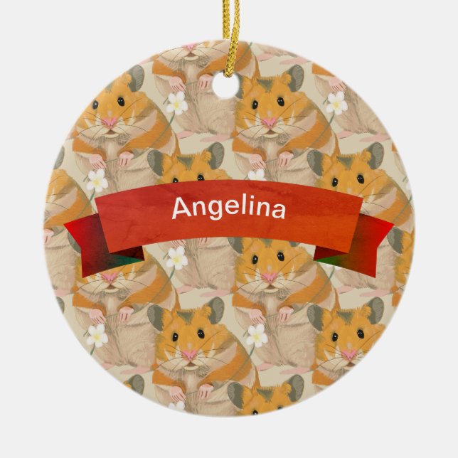Golden Hamster Pattern personalised Ceramic Tree Decoration (Front)