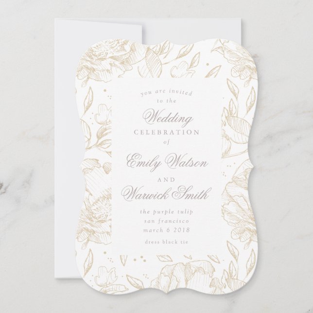 Golden Hand Drawn Floral Wedding Invitation (Front)
