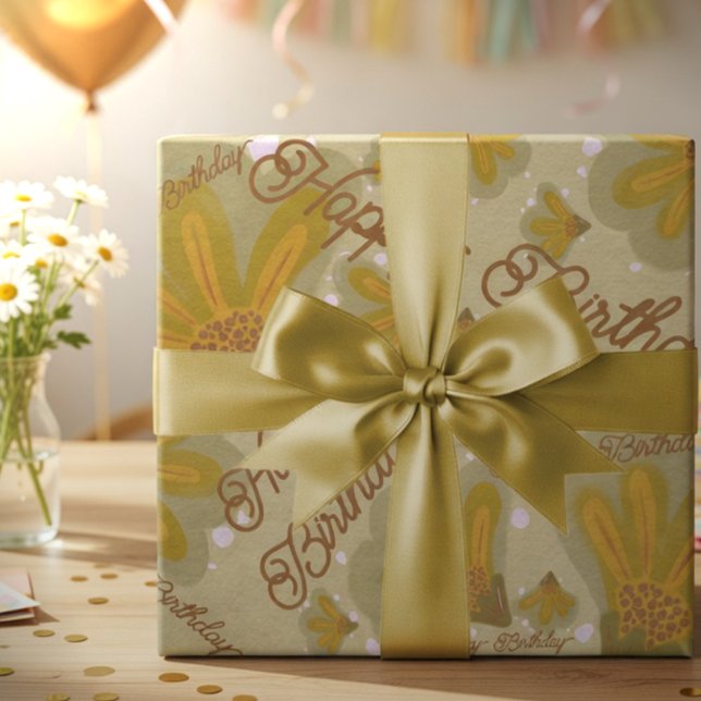 Golden Hand Painted Flowers Wrapping Paper Sheet (Flowers, fun, and a birthday twist. Bright blooms with customizable text, all hand drawn for you.)
