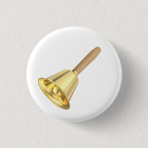 Golden handbell with a wooden handle 3 cm round badge