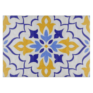 Golden Harmony Blue Floral Mosaic Elegant Cutting Board