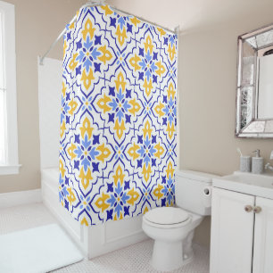 Golden Harmony Blue Floral Mosaic Elegant  Shower Curtain