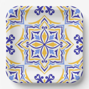 Golden Harmony Blue Gold Mosaic  Mediterranean  Paper Plate