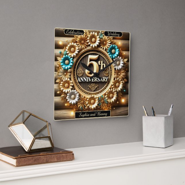 Golden Harmony: Fifth Anniversary Floral Square Wall Clock (Office)