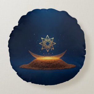 Golden Harmony – Shree Yantra’s Divine Resonance Round Cushion