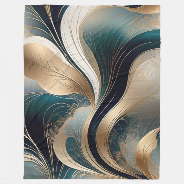 Golden Harmony - Teal and Gold Abstract Fleece Blanket (Front)