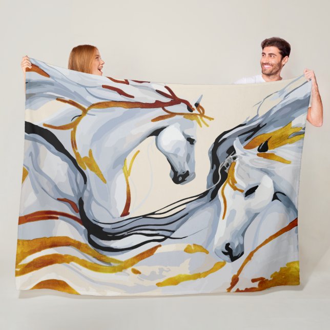 Golden Harmony: Two Horses in Fantasy Realm Fleece Blanket (In Situ)