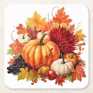 Golden Harvest Medley: Foliage and Florals Square Paper Coaster