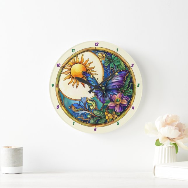 Golden Harvest Stained Glass Sunflower Butterfly Large Clock (Home)