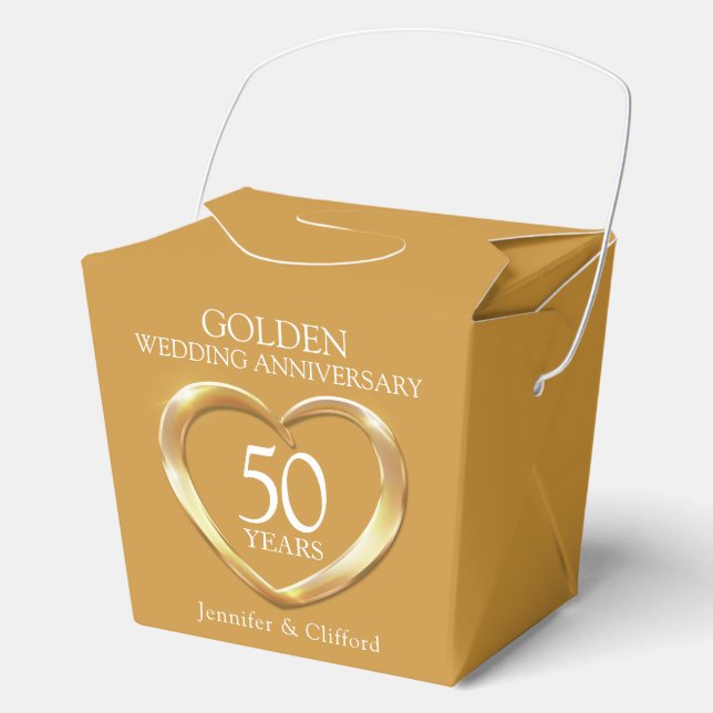 Golden heart 50th wedding anniversary custom names favour box (Front)