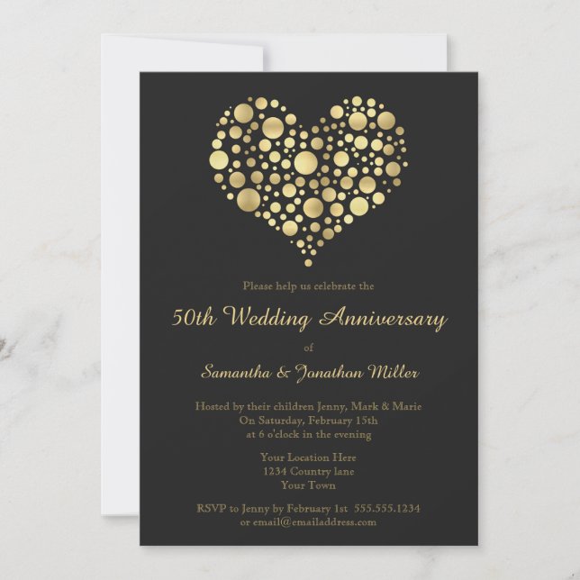 Golden Heart 50th Wedding Anniversary Gold Invite (Front)