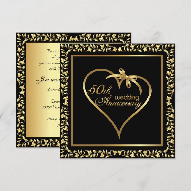 Golden Heart 50th  Wedding Anniversary Party Invitation (Front/Back)