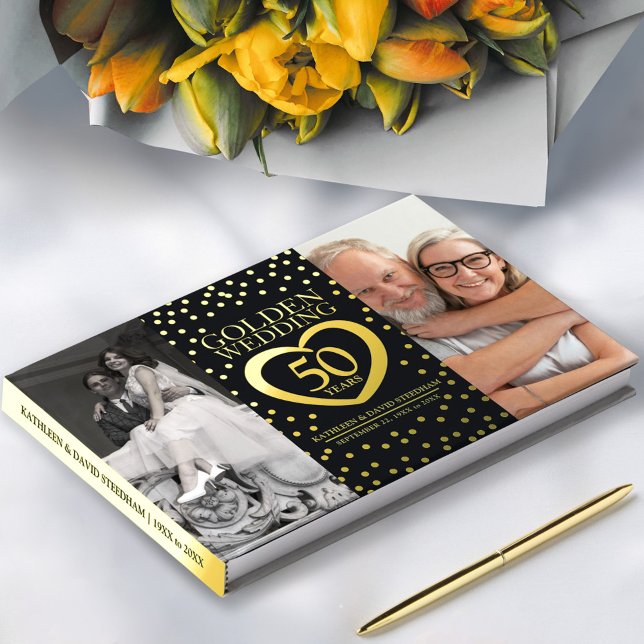 Golden heart 50th wedding anniversary photos black guest book (Creator Uploaded)