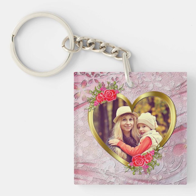 Golden Heart And Beautiful Roses Flowers Key Ring (Front)