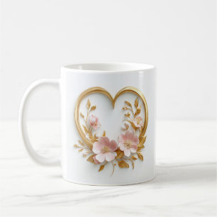 Golden Heart And Delicate Pink Flowers Coffee Mug